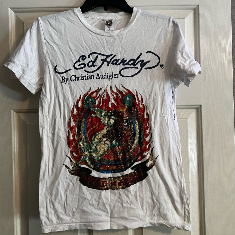 Vintage Ed Hardy White Short Sleeve Tee with Full Rhinestone Design